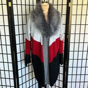 Joseph A. Silver Grey Cherry Red & Black Open Front Cardigan w/ Removable Collar
